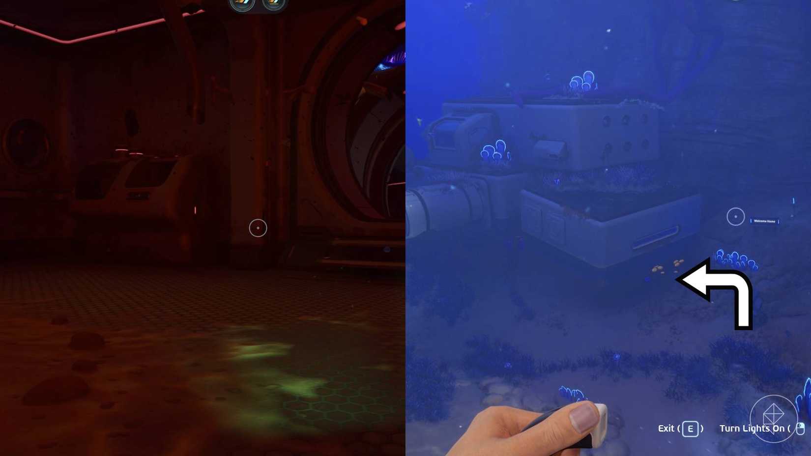 A split image showing where to find a processor blueprint in Subnautica 2's Old Habitat