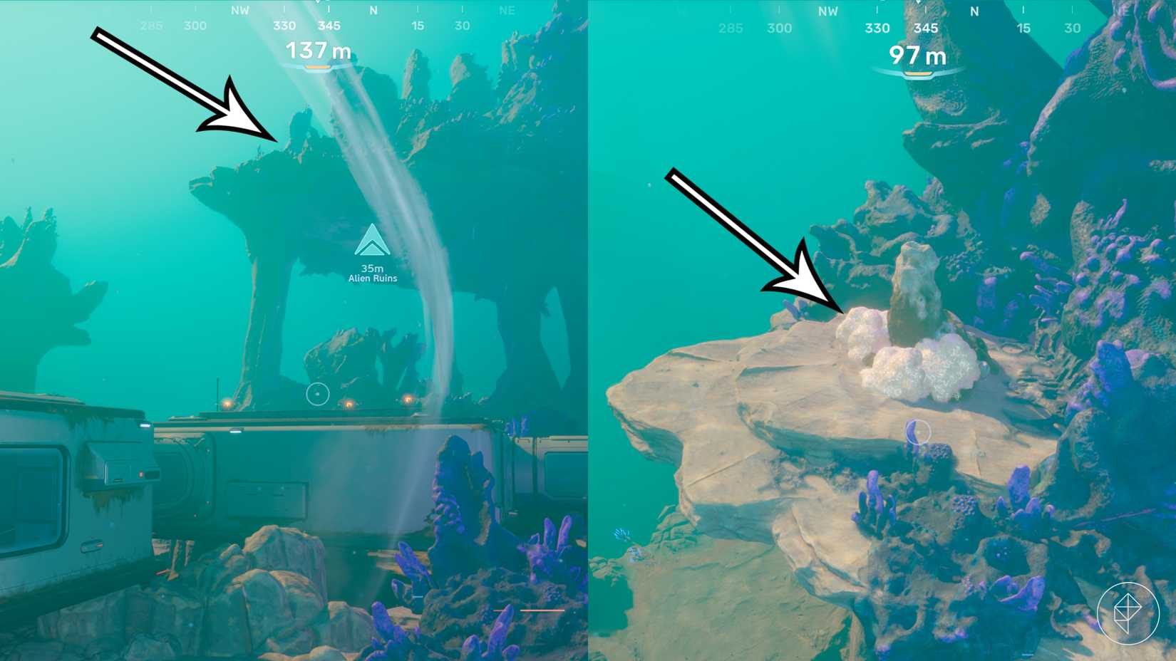 Где найти соль в Subnautica 2 9 Стрелками указано место добычи соли, расположенное очень близко к инопланетным руинам в Subnautica 2.