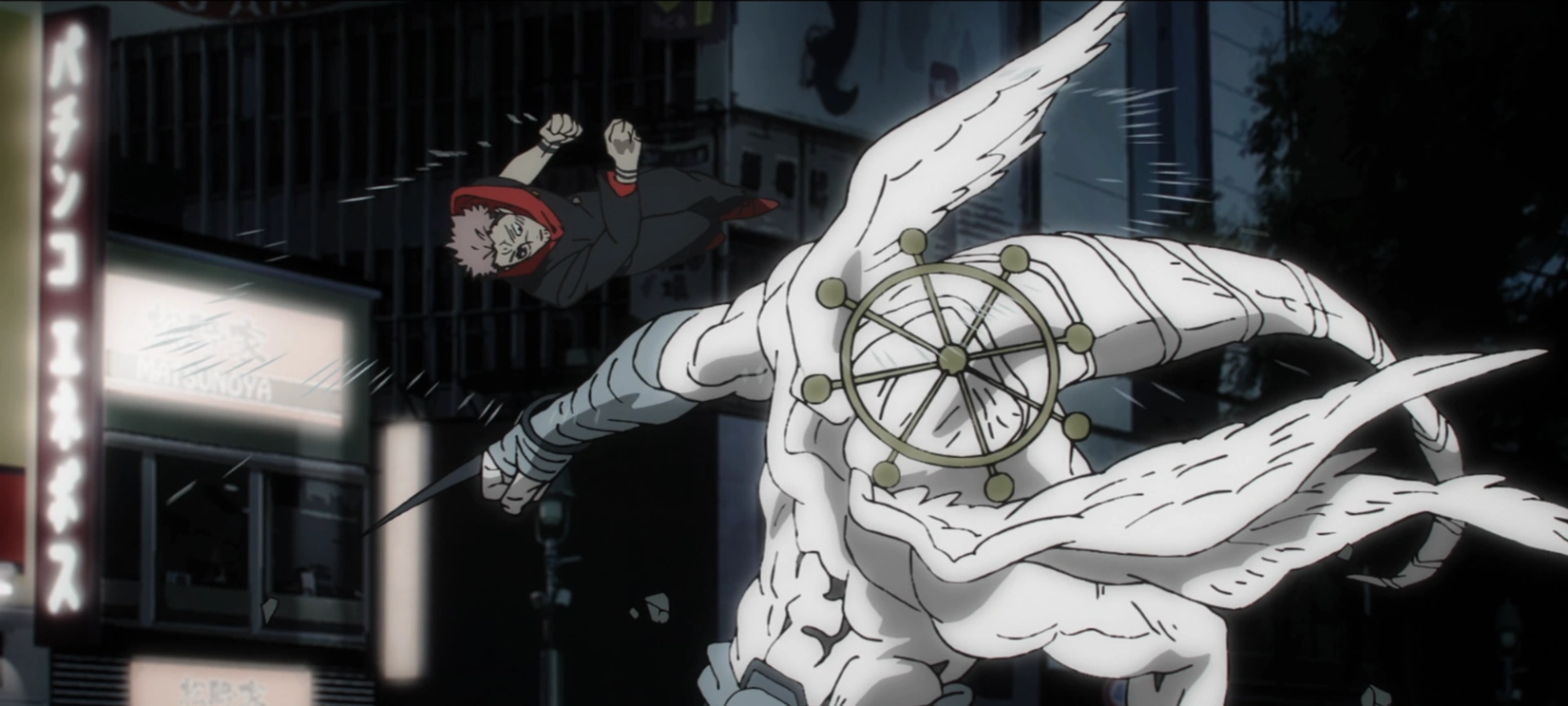 Sukuna evades one of Mahoraga's attacks in Jujutsu Kaisen