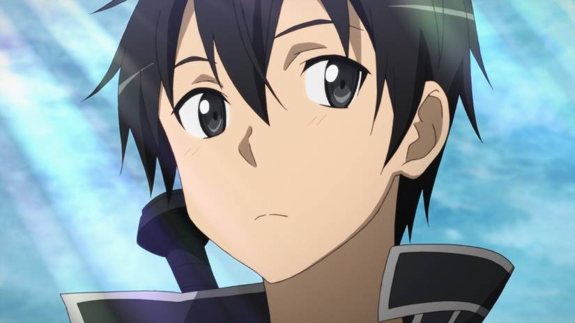 Kirito looks curious as he looks at someone offscreen in Sword Art Online