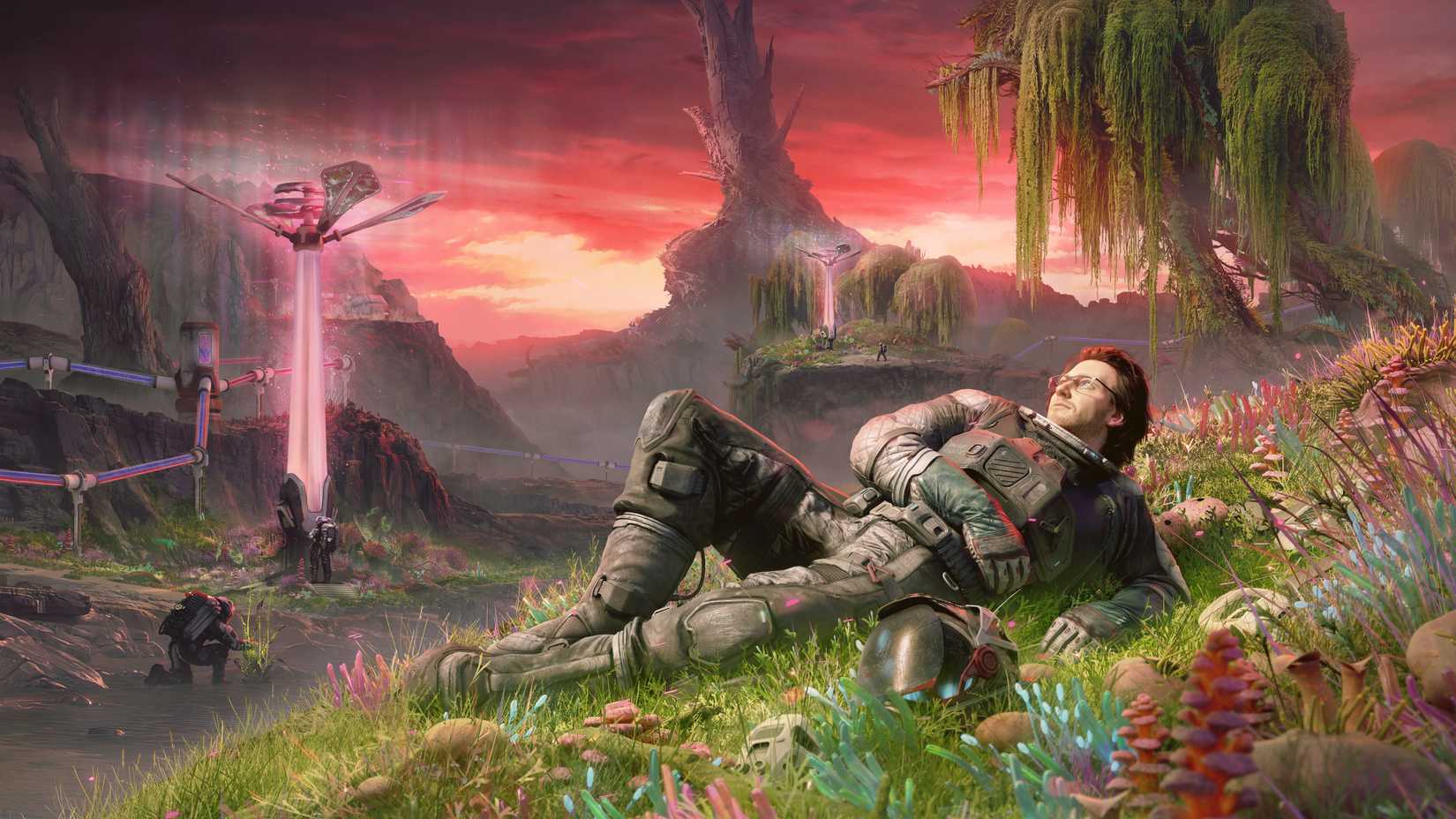 The Alters Last Variable key art showing a scientist in a protective space suit lying down in a field of vibrant green plant life