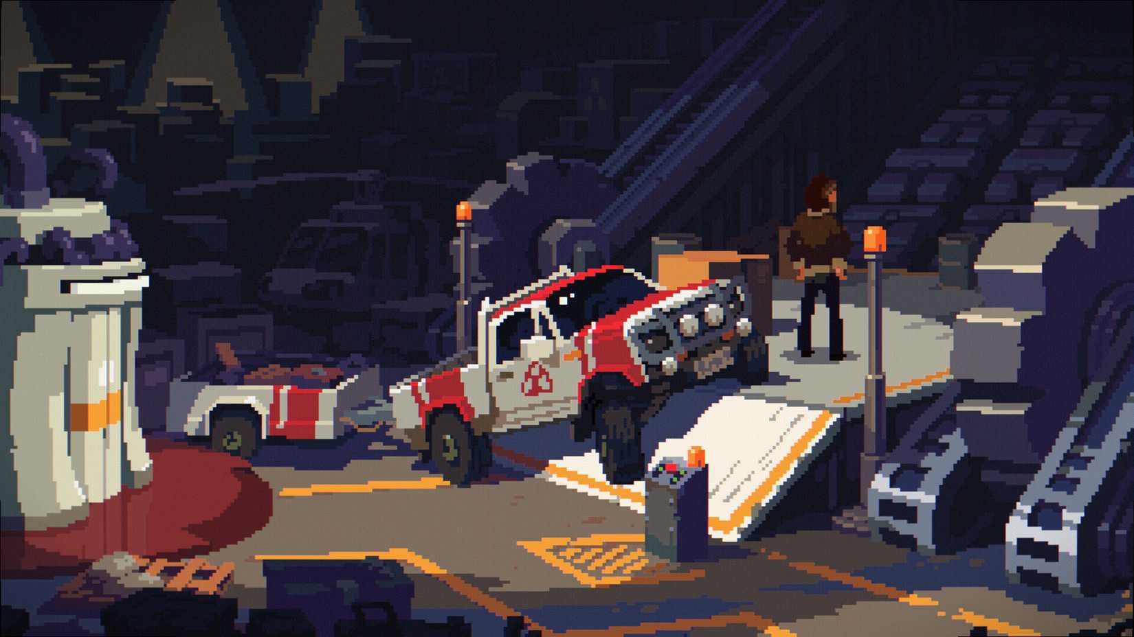 Pixel art scene of a truck crashed against a staircase with a man standing next to it