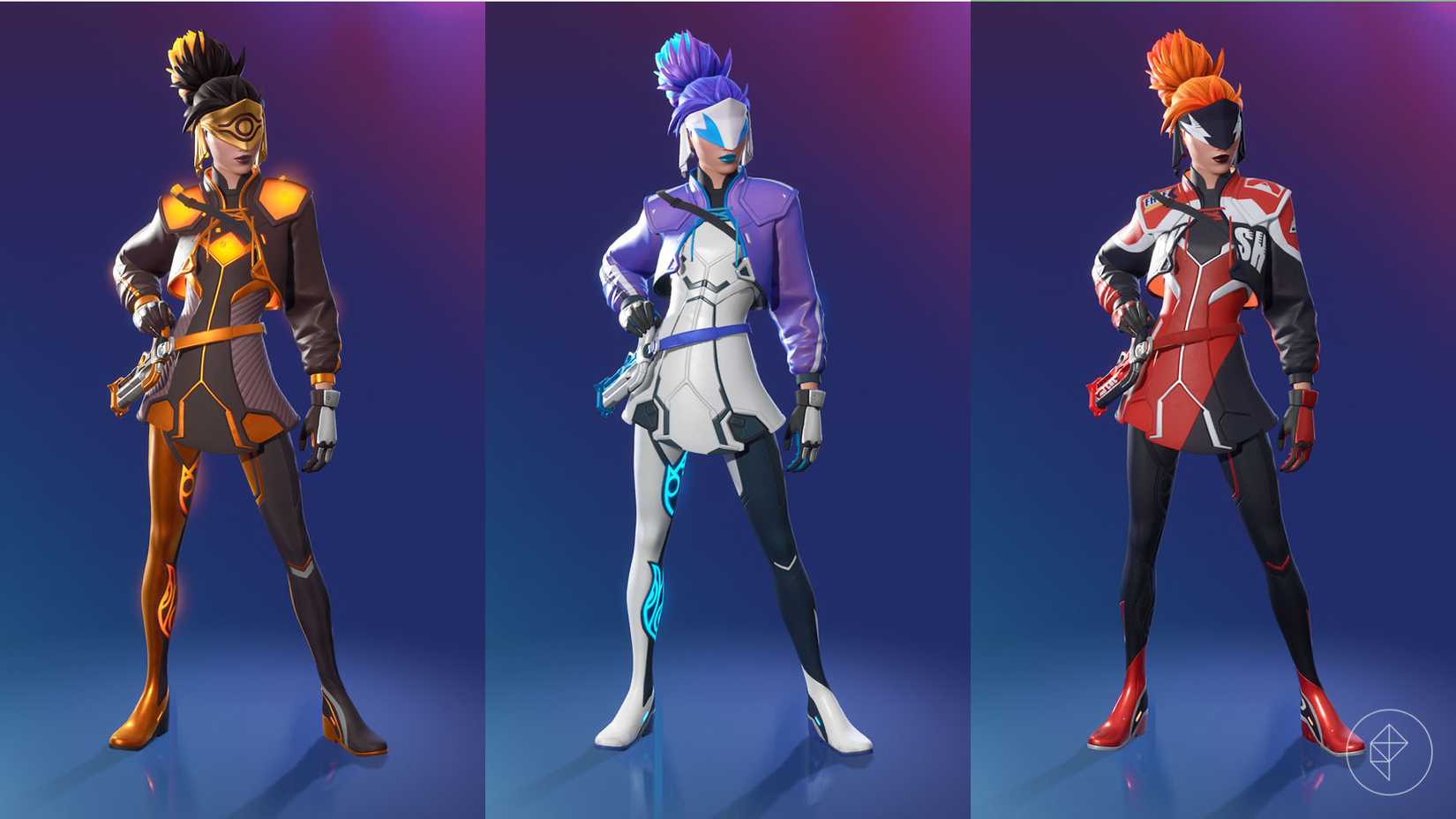 The Voidblade skin, a lady in tech wear and a mask covering her eyes, in a variety of styles.