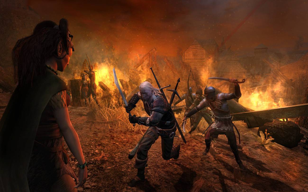 the witcher 1 steam screenshot showing geralt rushing at a foe with his sword drawn while the background is engulfed in flames