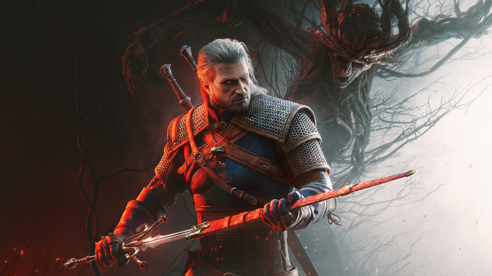 The Witcher 3 Songs of the Past key art cropped showing Geralt holding a new sword in front of some sort of monster