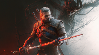 The Witcher 3 Songs of the Past key art cropped showing Geralt holding a new sword in front of some sort of monster