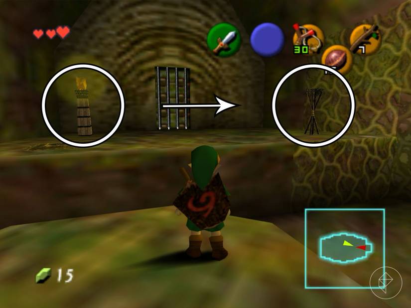 Link standing in front of a lit and unlit torch in Ocarina of Time.