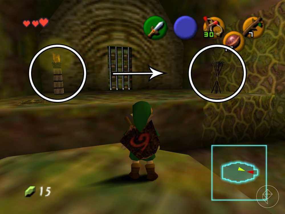Link em frente a uma tocha acesa e outra apagada em Ocarina of Time.