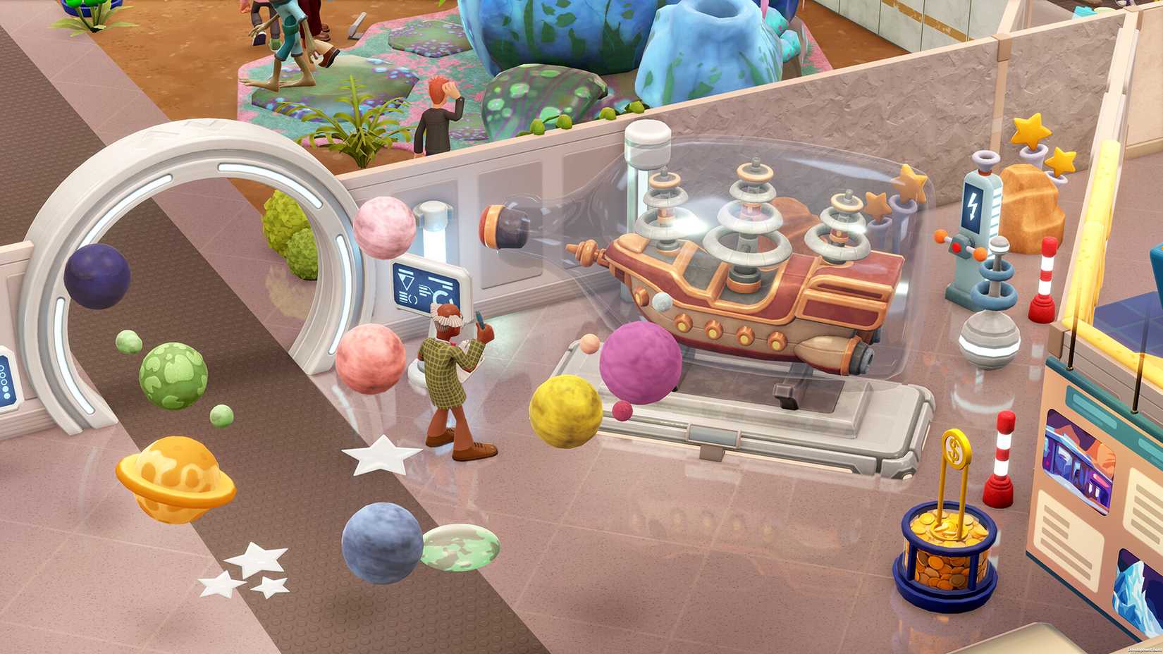 A professor examining a ship in a bottle in Two Point Museum