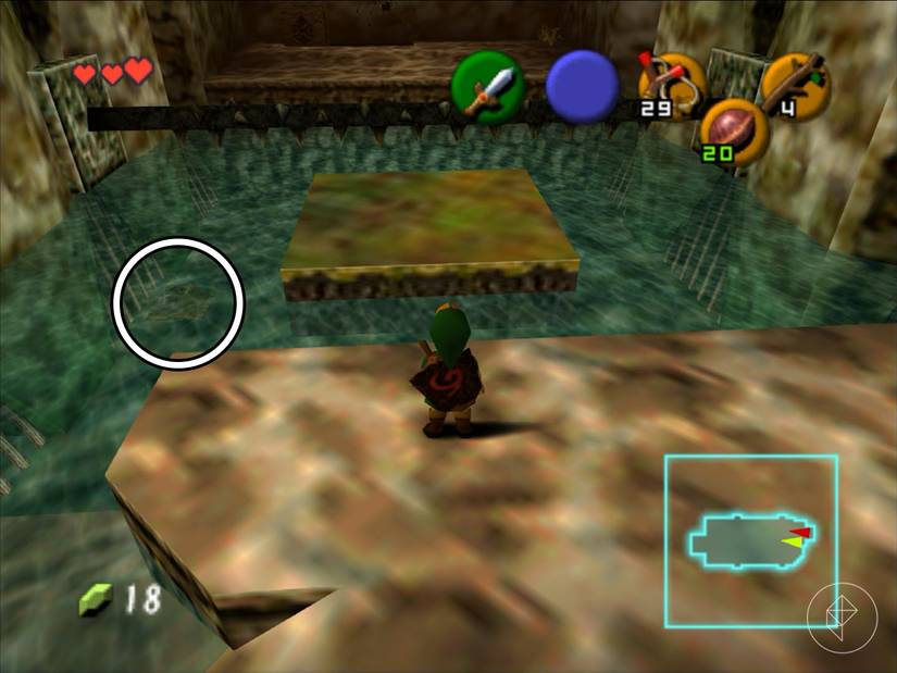 Link standing in front of a moving platform that is blocked by a rotating bar covered in spikes in Ocarina of Time.