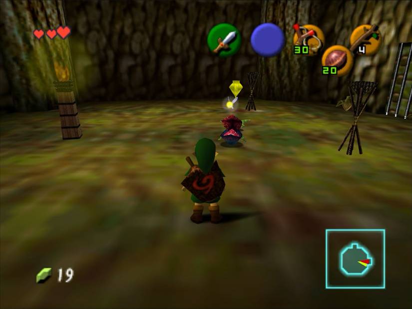 Link standing in a room with a venus fly trap-esque plant and three torches, one lit and two unlit, in Ocarina of Time.