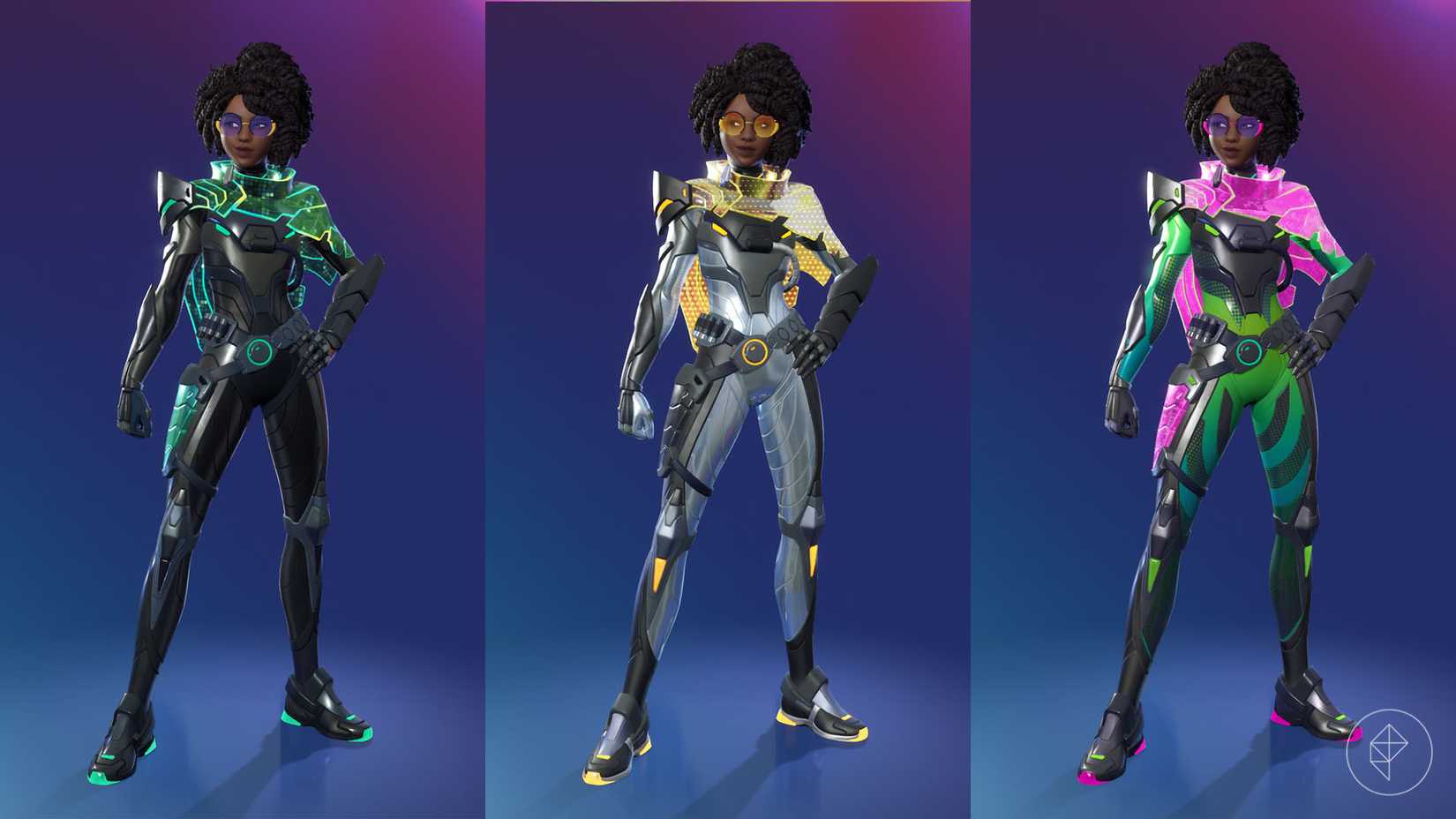 Vanguard Sloane, a Fortnite skin of an African American woman wearing a sleek body suit and a holographic cloak.