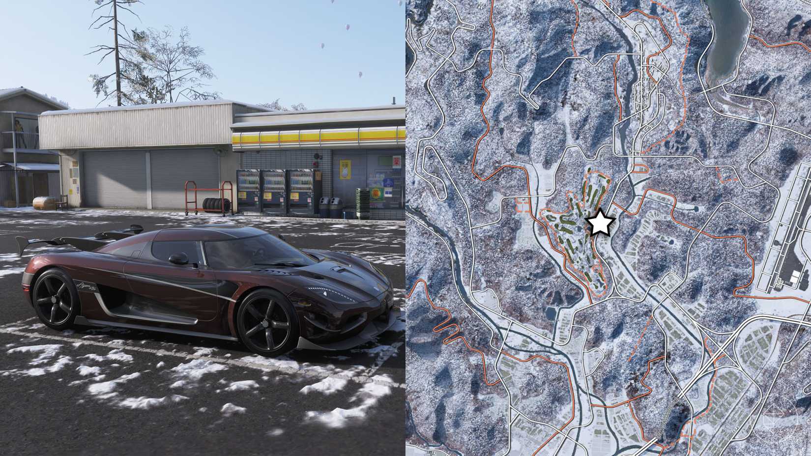 A sports car parked in a parking lot with vending machines in the background in Forza Horizon 6.