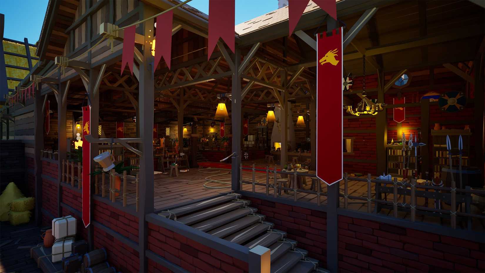 A viking tavern full of weapons, flags, and bottles in Meccha Chameleon.