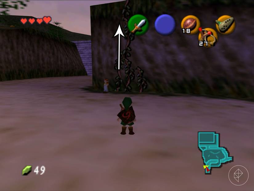 Link, a small child, standing in front of an elf girl and a vine growing on the side of a wall in Ocarina of Time.