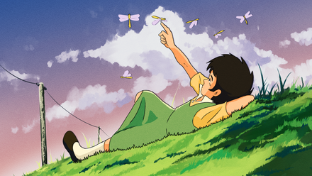 Vivarium - young girl laying in field touching butterfly