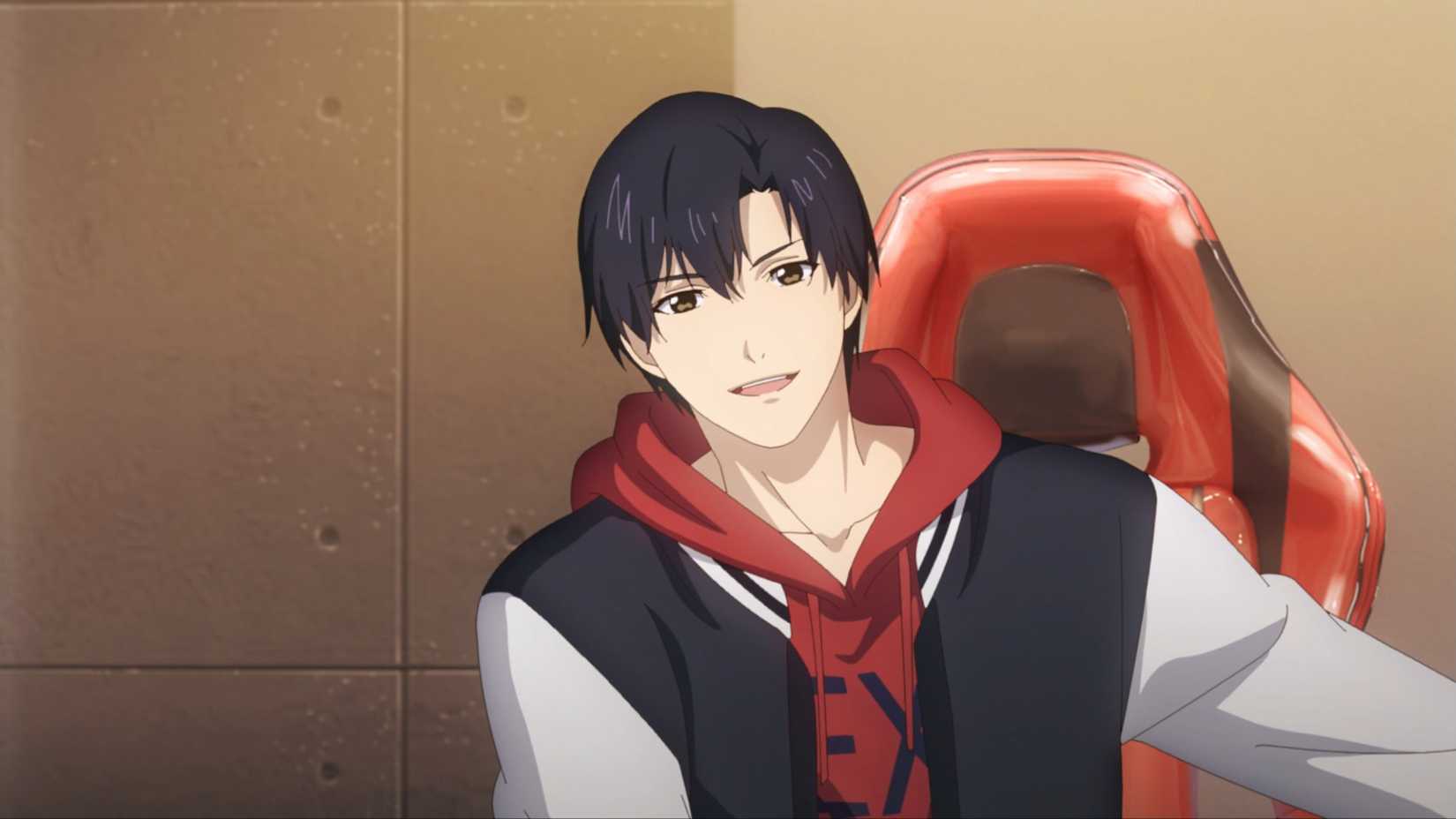 A young man with jet black hair sits on his red gaming chair in The King's Avatar