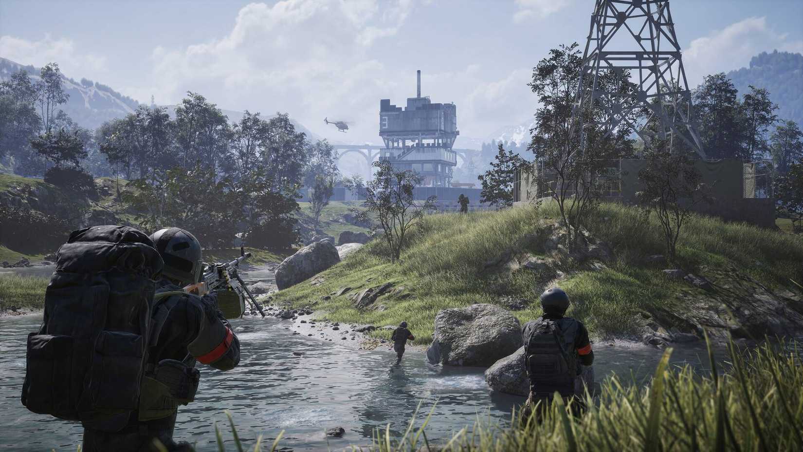 Three soldiers in Wardogs aiming across the map next to a creek.