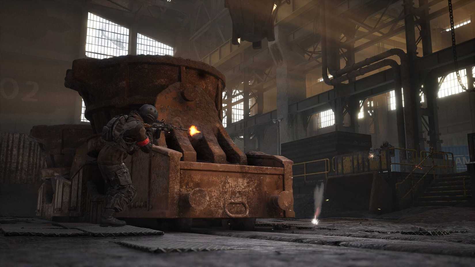A soldier in Wardogs shooting at an enemy from behind a rusty train.