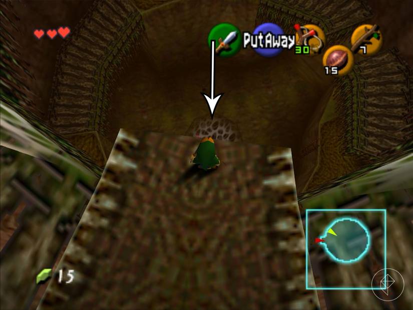 Link standing on an edge of a platform looking toward a hole covered with a web in Ocarina of Time.
