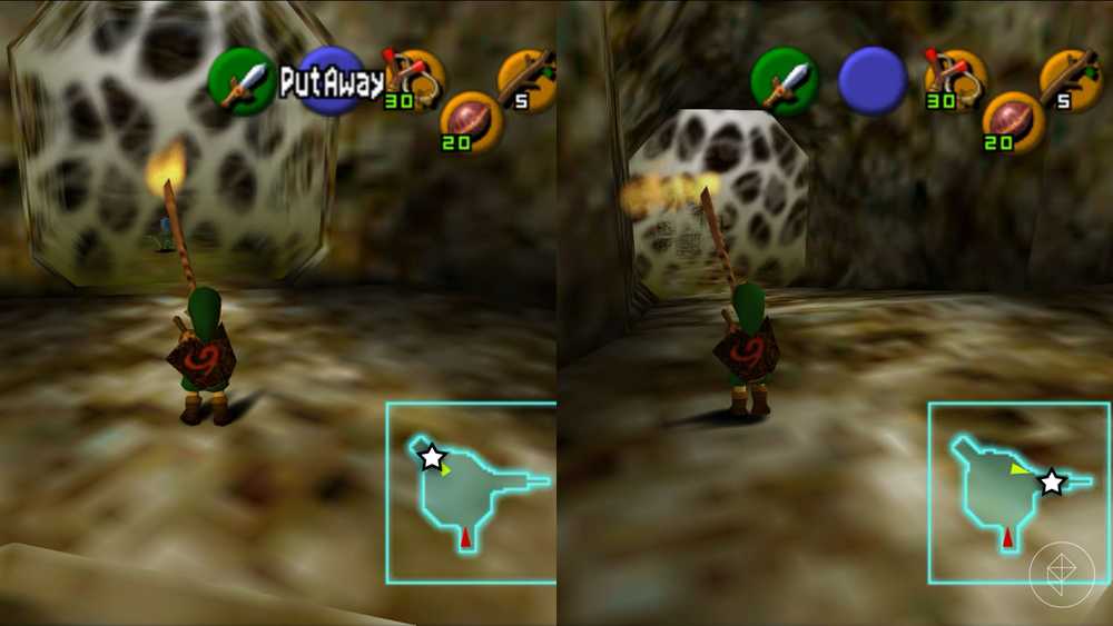 Link em frente a dois caminhos cobertos por teias com um graveto aceso em Ocarina of Time.
