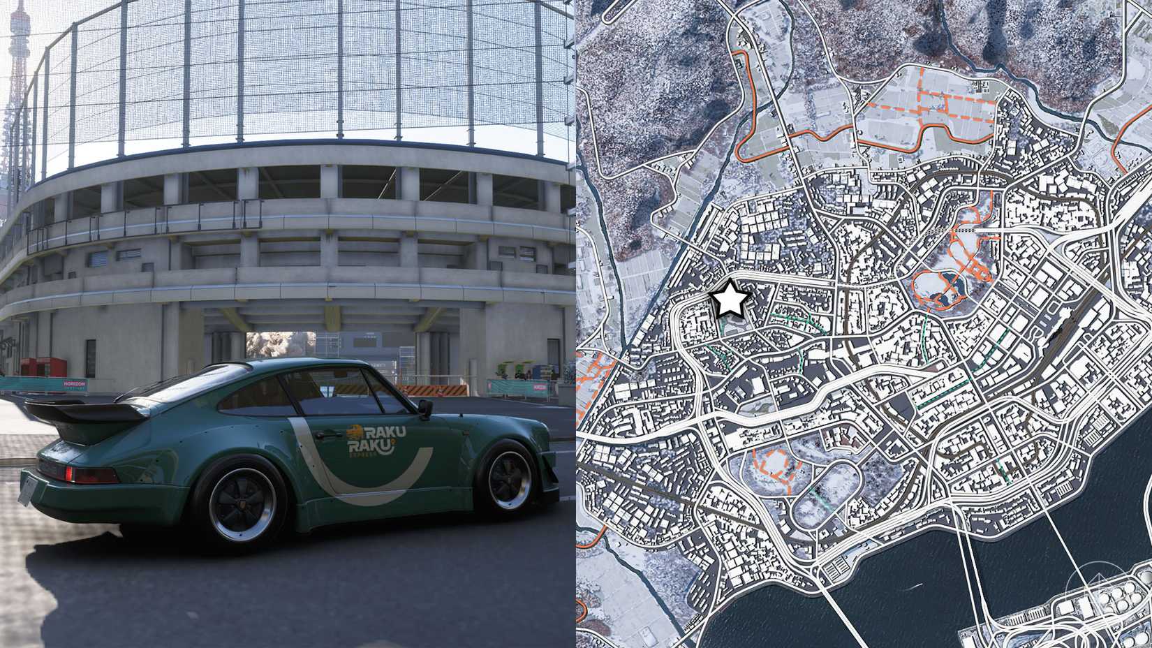 A blue-green Porsche parked outside of a baseball stadium in Forza Horizon 6.
