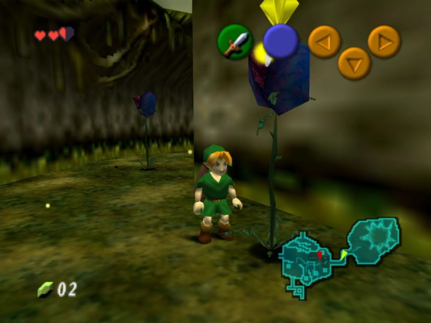 Young Link confronting a withered Deku Baba.