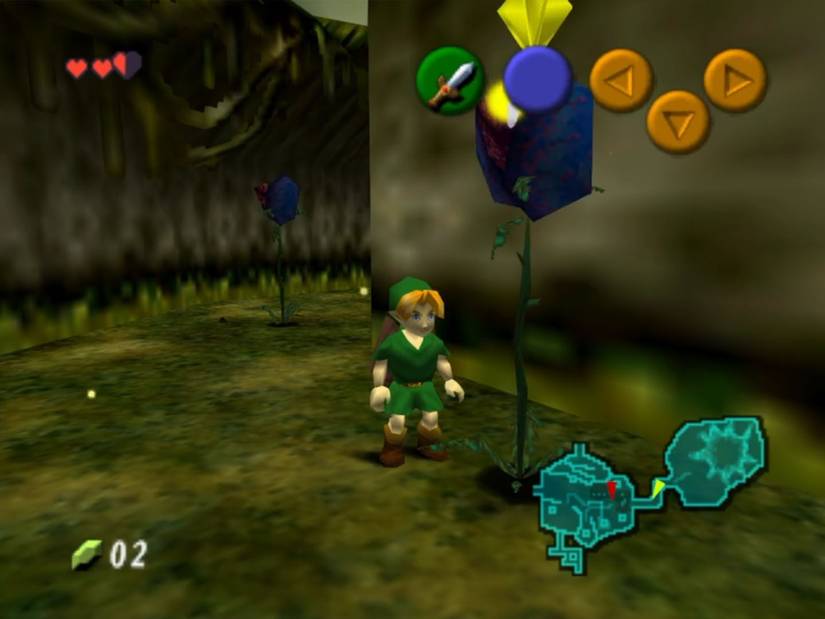 Young Link standing in front of a Withered Deku Baba, a plant-like enemy, in Ocarina of Time.