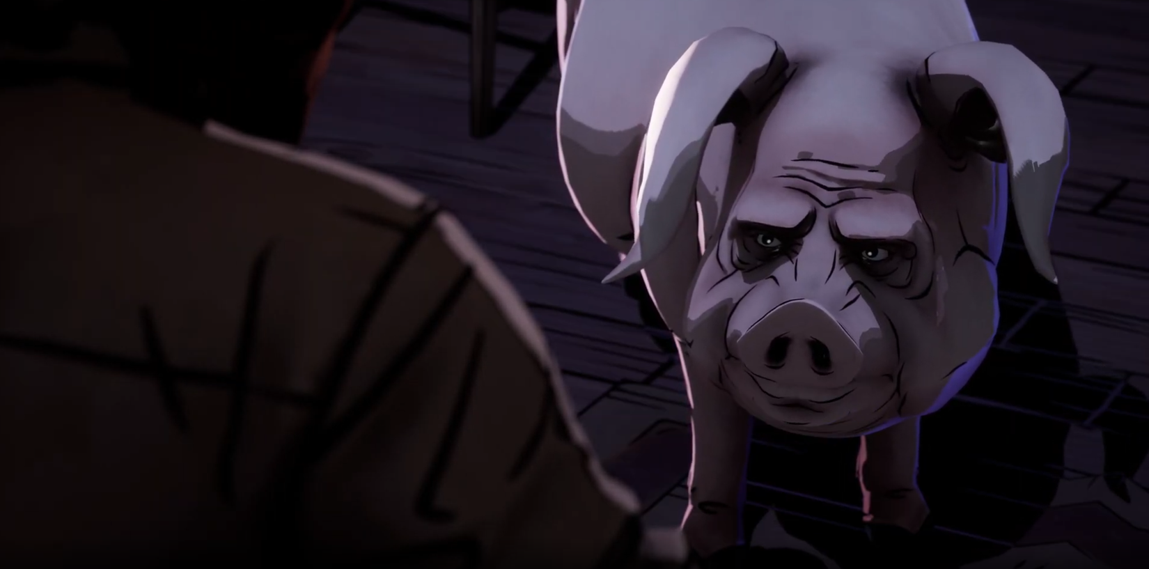 A pig looks at Bigby in The Wolf Among Us 2.