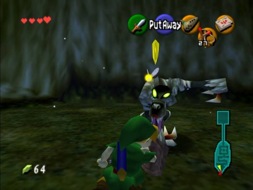 Link standing in front of a humanoid wolf getting ready to attack in Ocarina of Time.