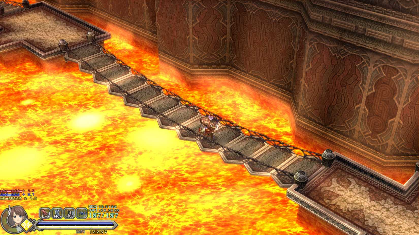 An Ys Origin screenshot showing Yunica on a bridge over lava