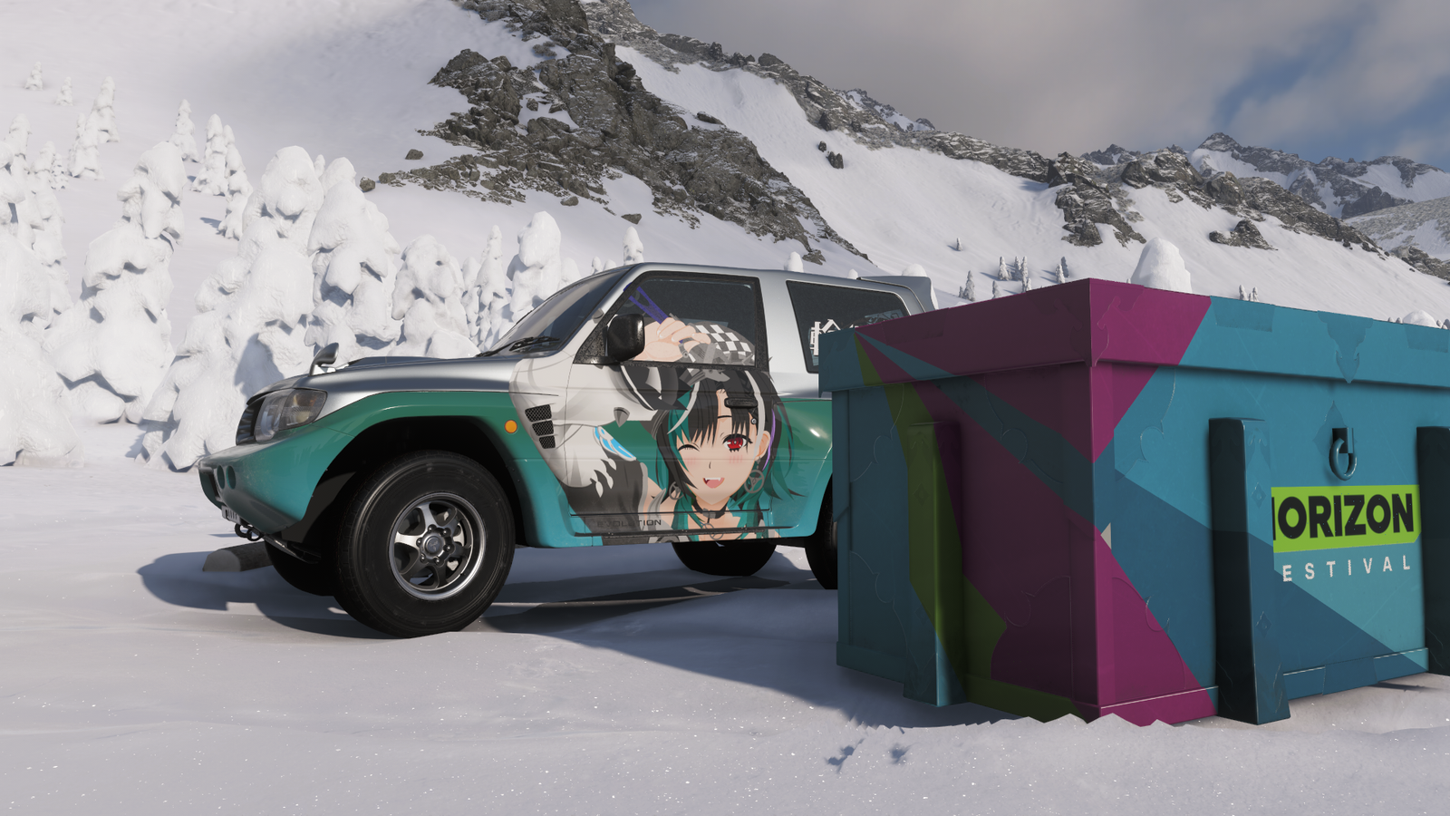 A truck with Hololive member Rindo Chihaya parked behind a box that says Horizon Festival in Forza Horizon 6.