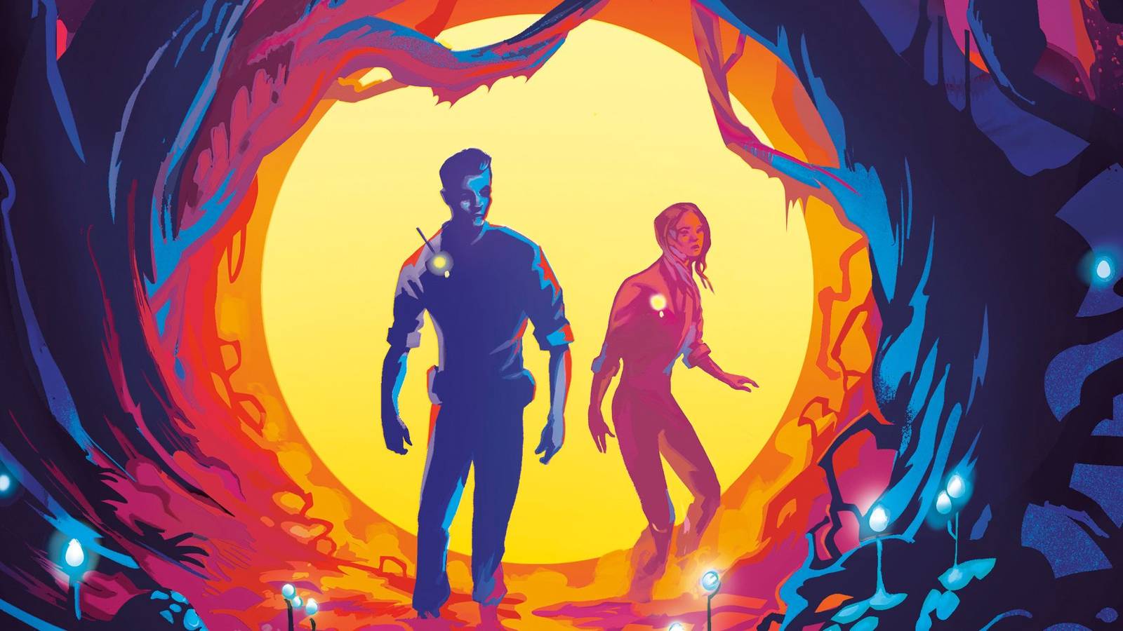 A man and a woman stand in a cave framed by vines in the cover art for Blightfall