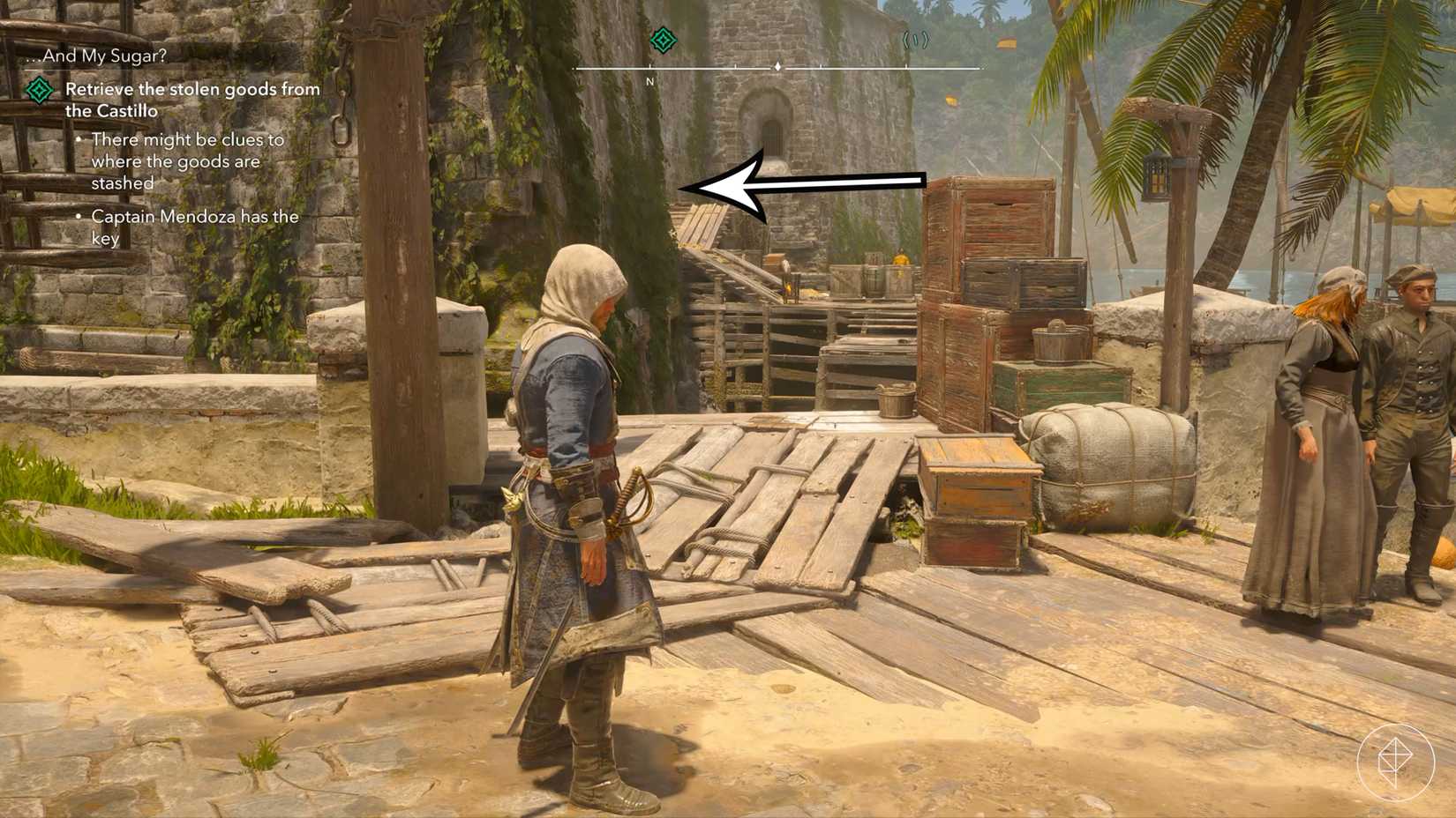 An arrow points to a secret entrance to the Castillo in the "And My Sugar?" quest in Assassin's Creed Black Flag Resynced.