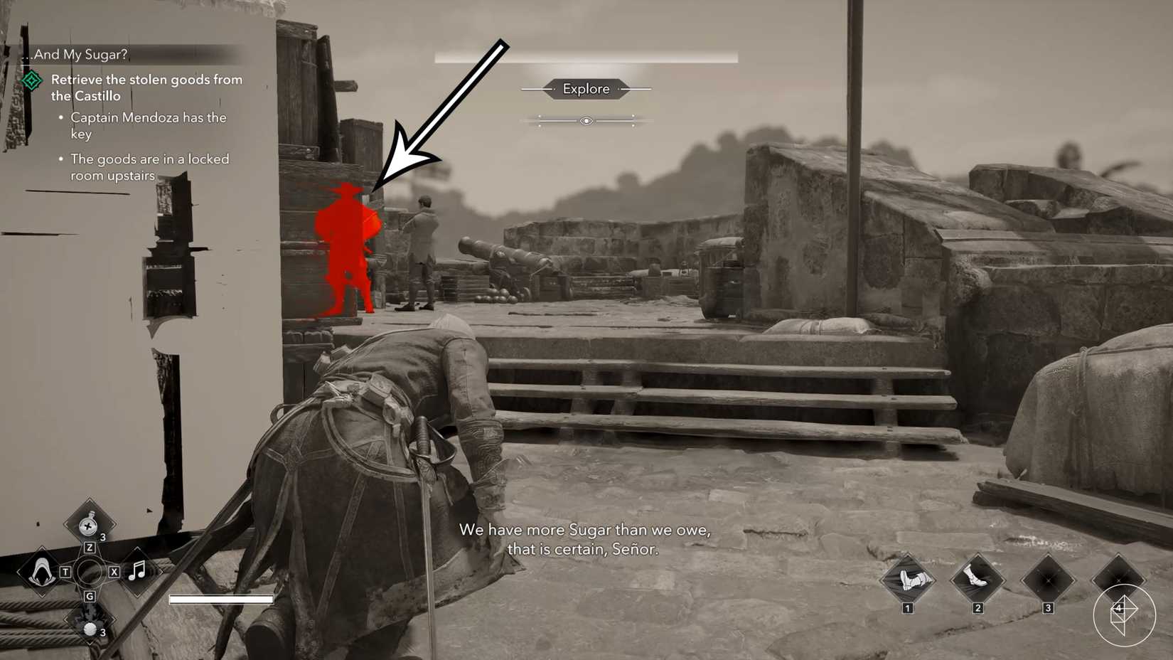 An arrow points to Captain Mendoza's location in the "And My Sugar?" quest in Assassin's Creed Black Flag Resynced.