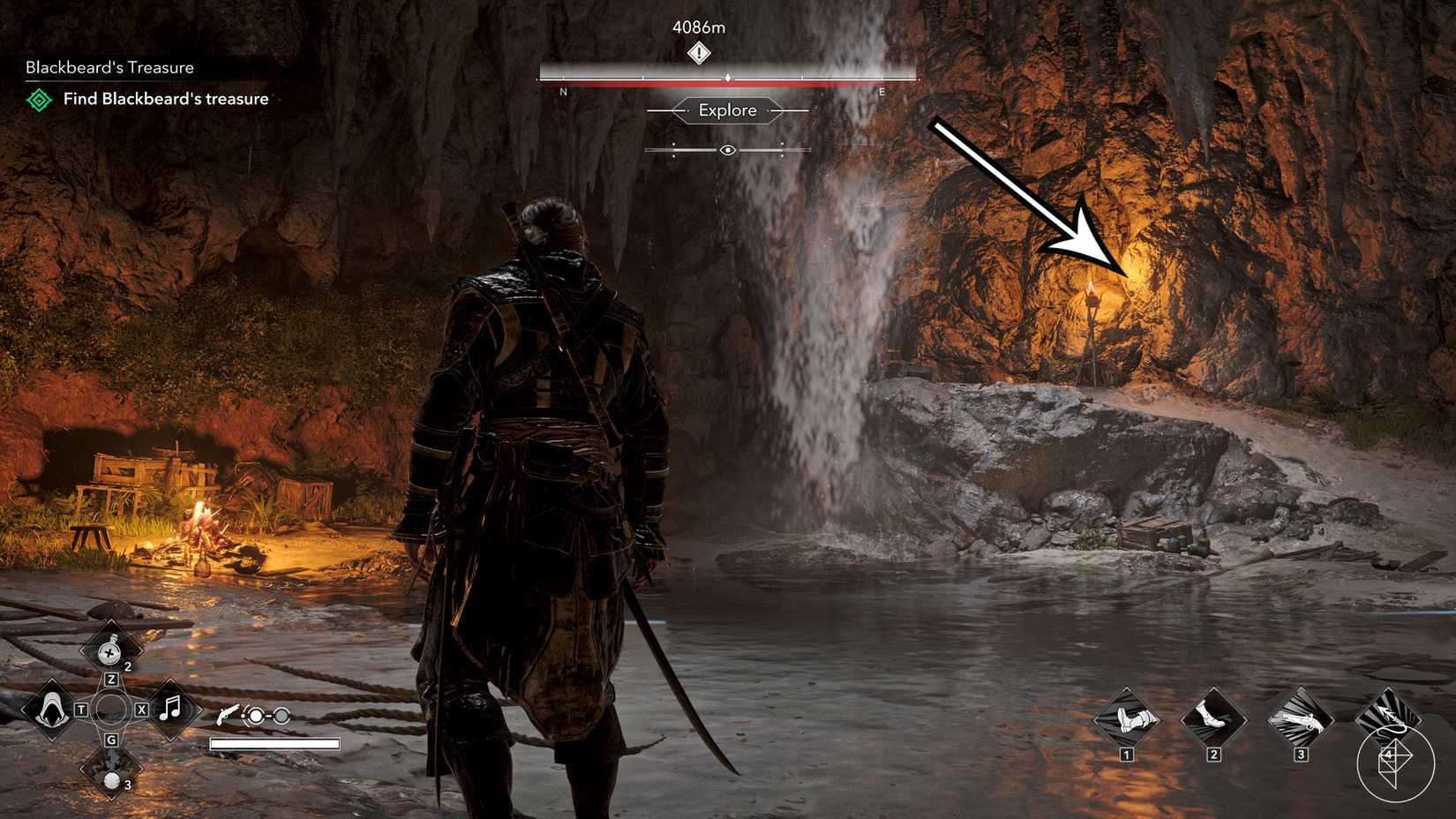 An arrow points to the hidden door that leads to Blackbeard's treasure in Assassin's Creed Black Flag Resynced