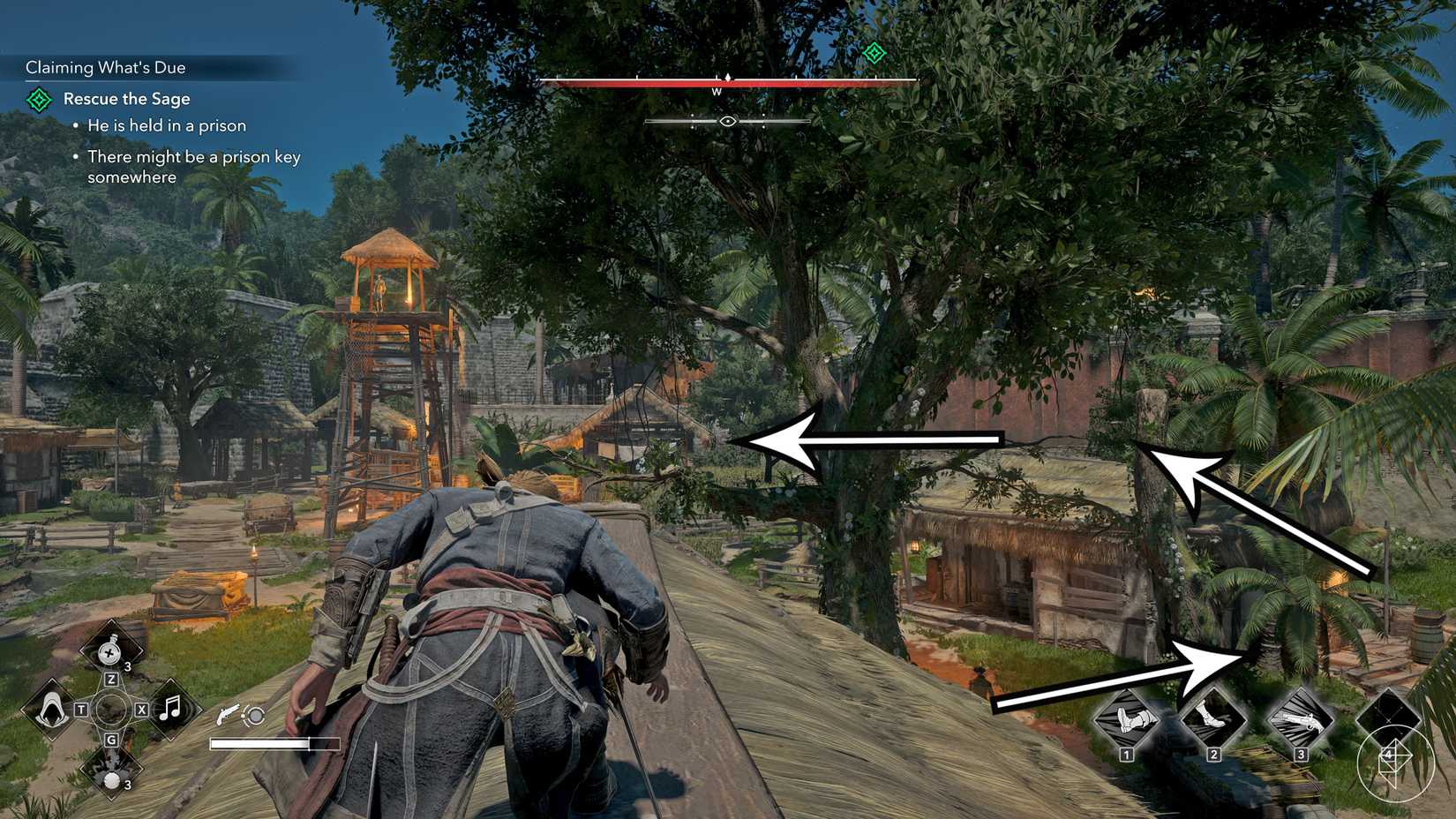 Arrows show a stealthy path to follow in the "Claiming what's Due" quest in Assassin's Creed Black Flag Resynced.