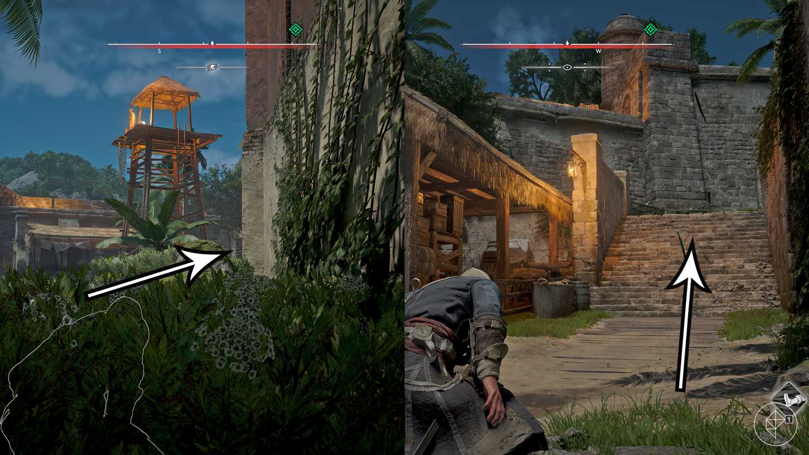 Arrows show the best route to the prison in the "Claiming what's Due" quest in Assassin's Creed Black Flag Resynced.