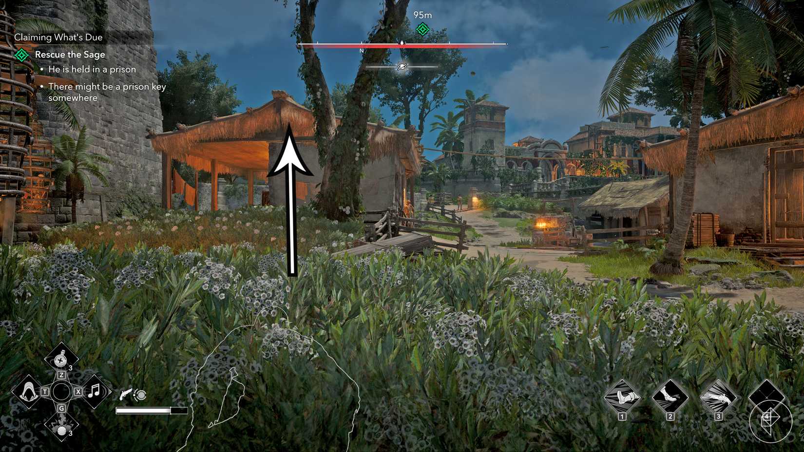An arrow points to a shortcut to the Sage's prison cell in the "Claiming what's Due" quest in Assassin's Creed Black Flag Resynced.