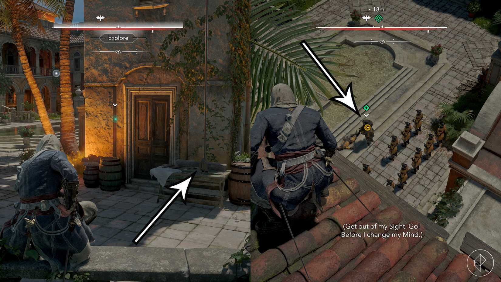 Arrows point to the warden's location in the "Claiming what's Due" quest in Assassin's Creed Black Flag Resynced.