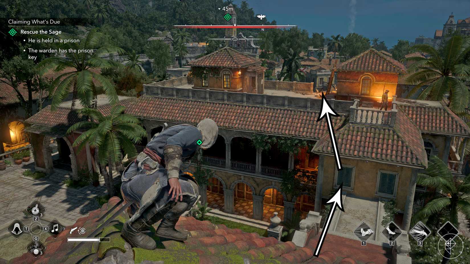 Arrows show the best way to assassinate the warden and obtain the prison key in the "Claiming what's Due" quest in Assassin's Creed Black Flag Resynced.