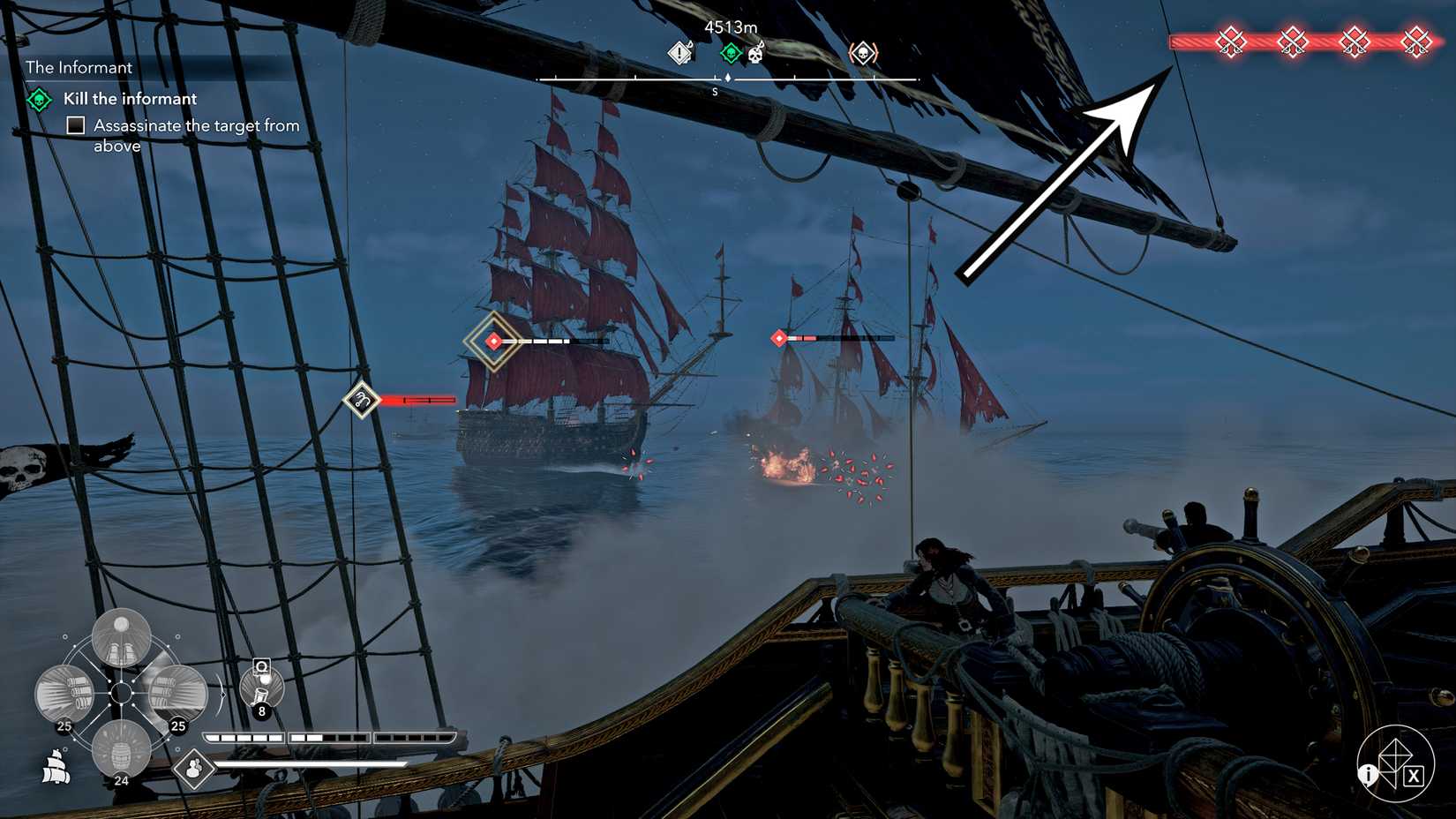 An arrow points to the maximum wanted level needed to obtain tattered map pieces in Assassin's Creed Black Flag Resynced