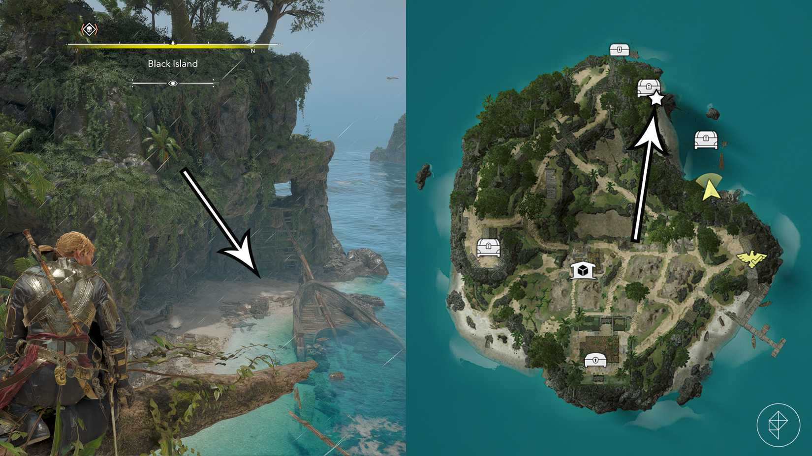 The yellowed map's treasure location in Assassin's Creed Black Flag Resynced.