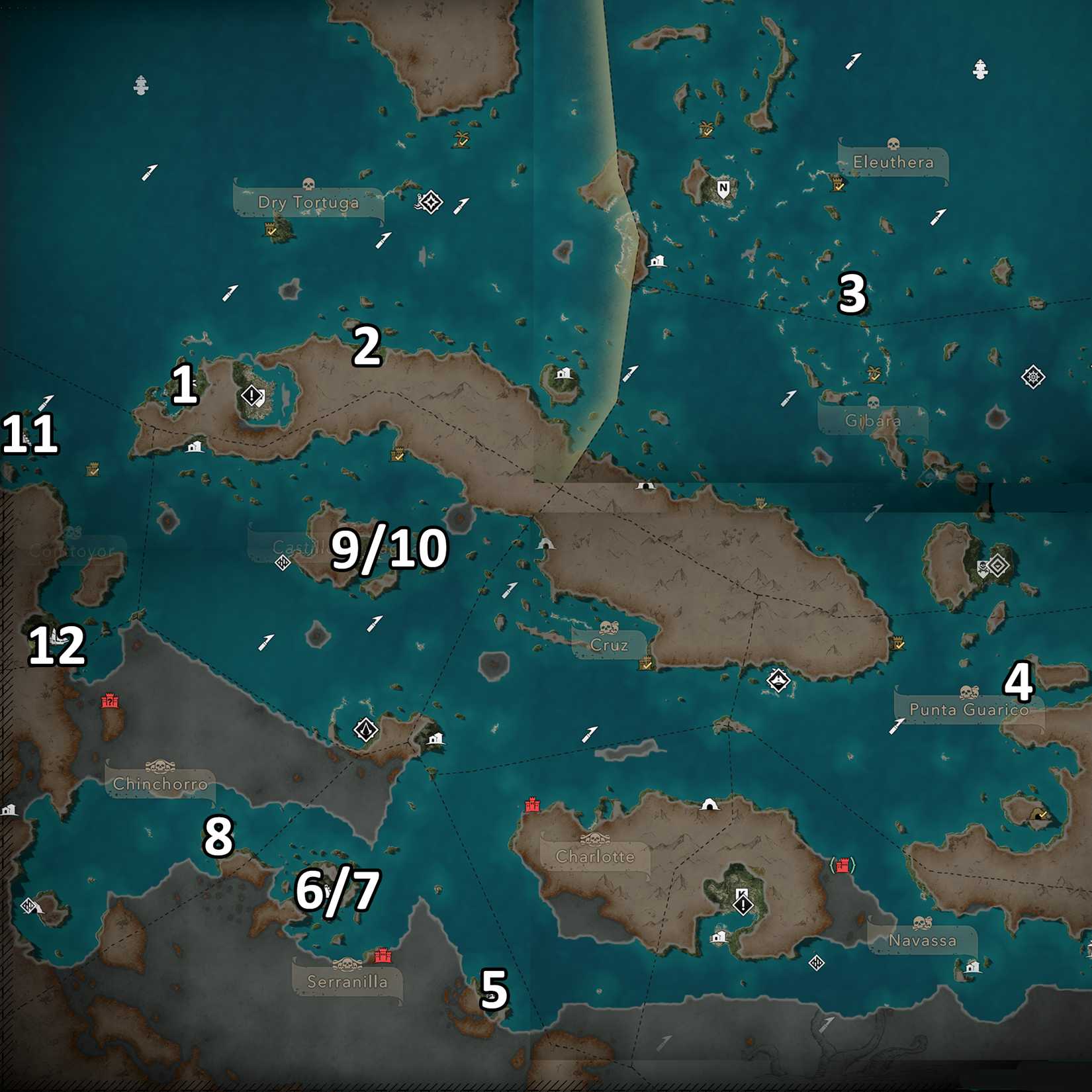 The first 12 Mayan Stone locations in Assassin's Creed Black Flag.