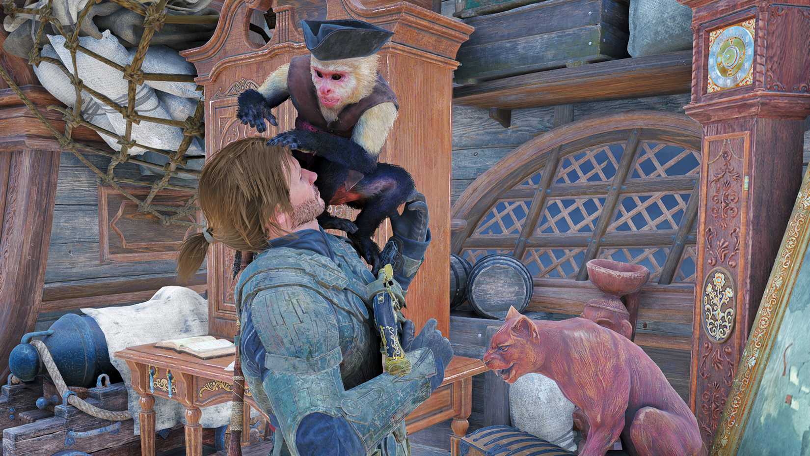 Edward pets a monkey in Assassin's Creed Black Flag Resynced.