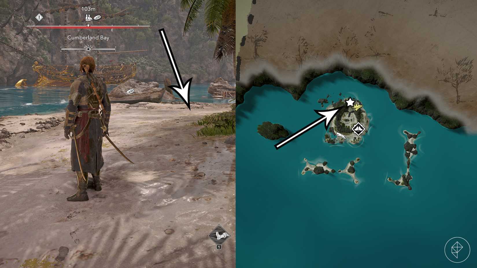 The location of the Cumberland Bay treasure in Assassin's Creed Black Flag Resynced.