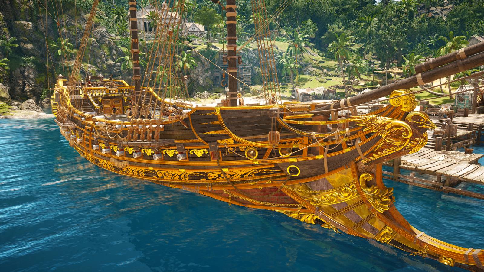 The Jackdaw is docked near the harbormaster to receive ship upgrades from ultimate plans in Assassin's Creed Black Flag Resynced
