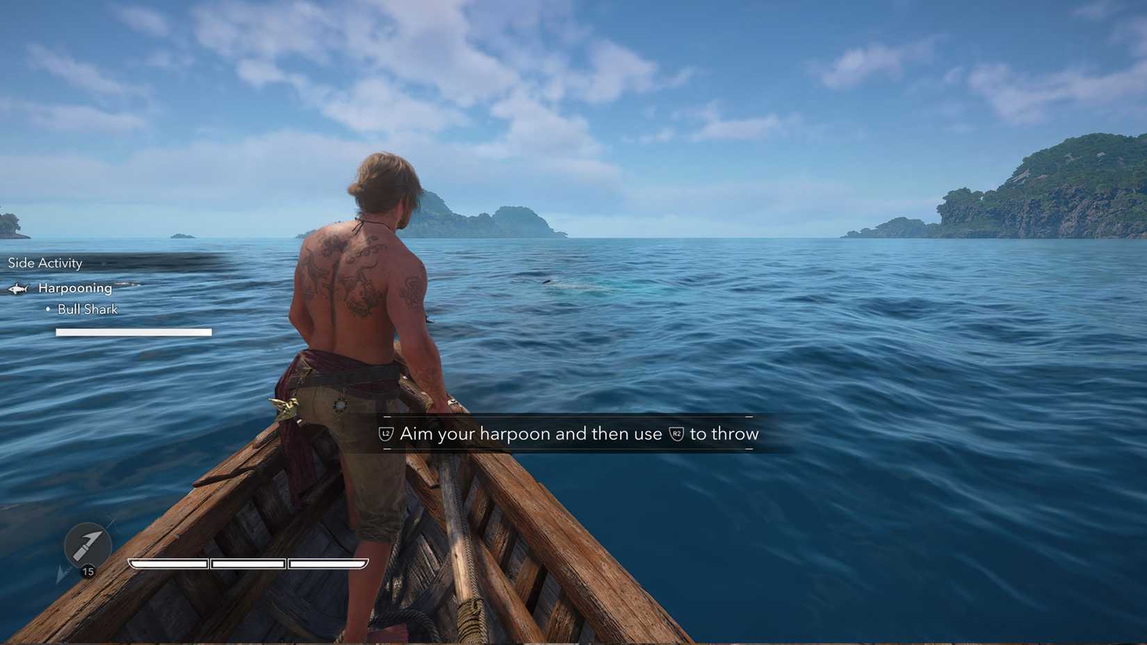 An Assassin's Creed Black Flag Resynced screenshot showing Edward on a boat trying to hit a harpoon on a shark