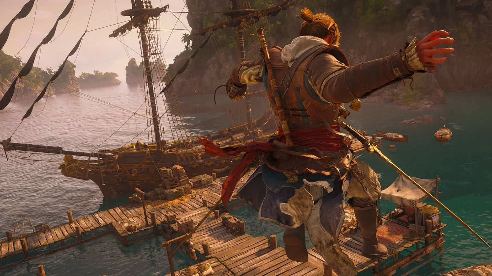 An Assassin's Creed Black Flag Resynced screenshot showing Edward jumping and the Jackdaw in the background