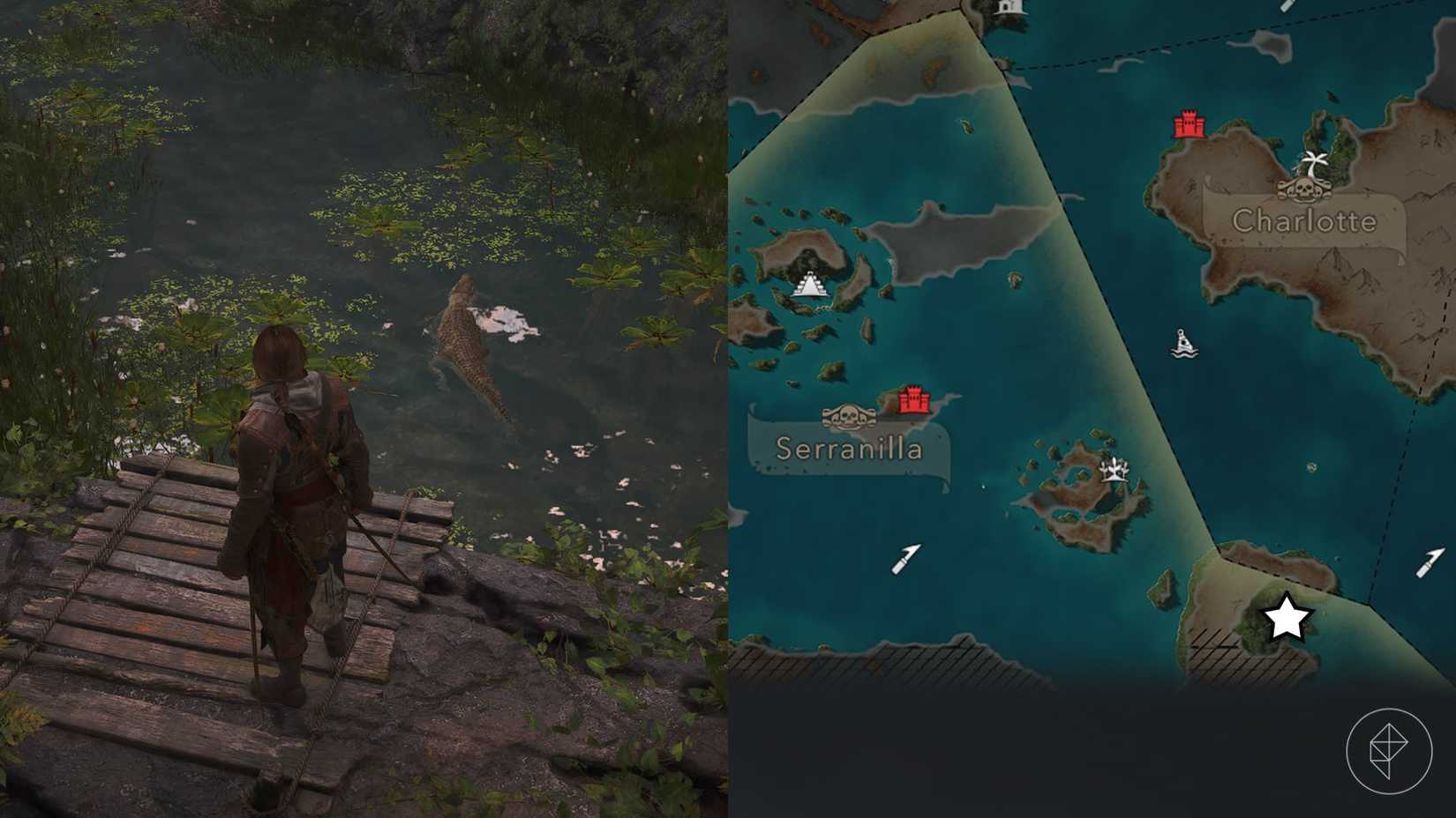 A montage with two Assassin's Creed Black Flag Resynced images showing the location of crocodiles in Isla Providencia
